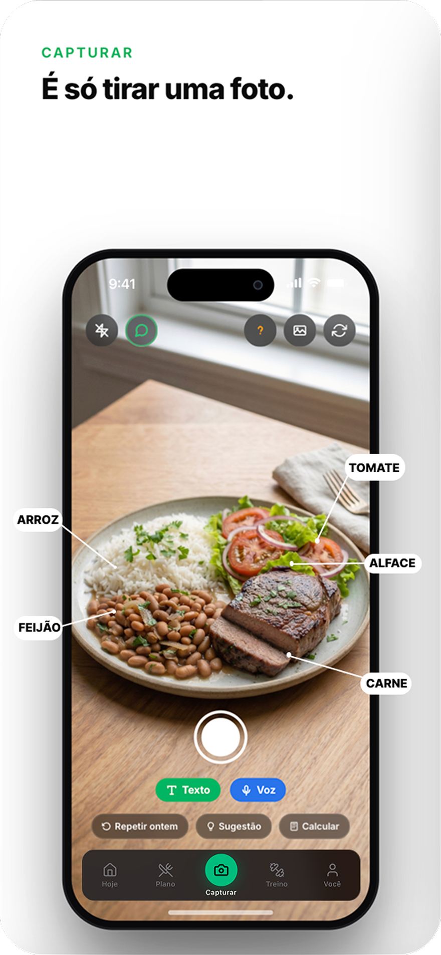 Tela real do app Livowa reconhecendo arroz, feijão, carne, tomate e alface na foto de um prato
