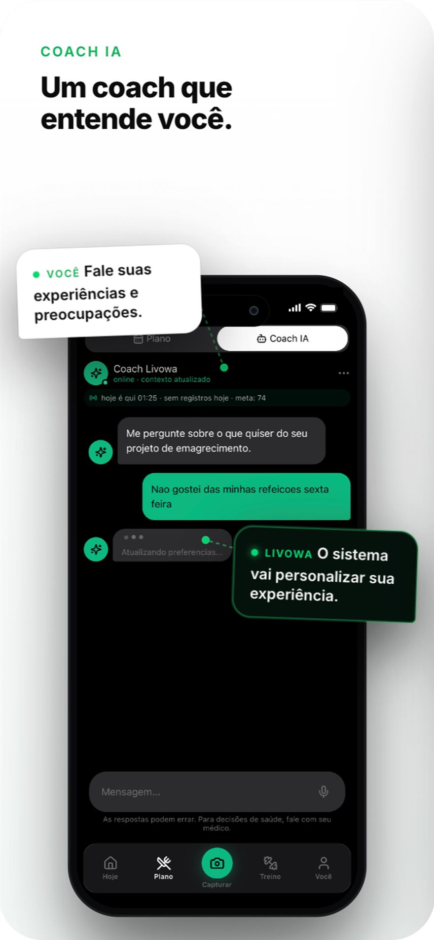 Coach IA conversando e atualizando preferências