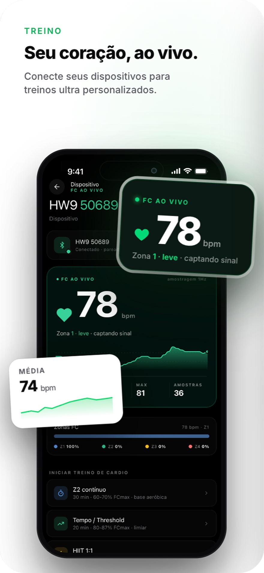 Frequência cardíaca ao vivo com zonas de treino