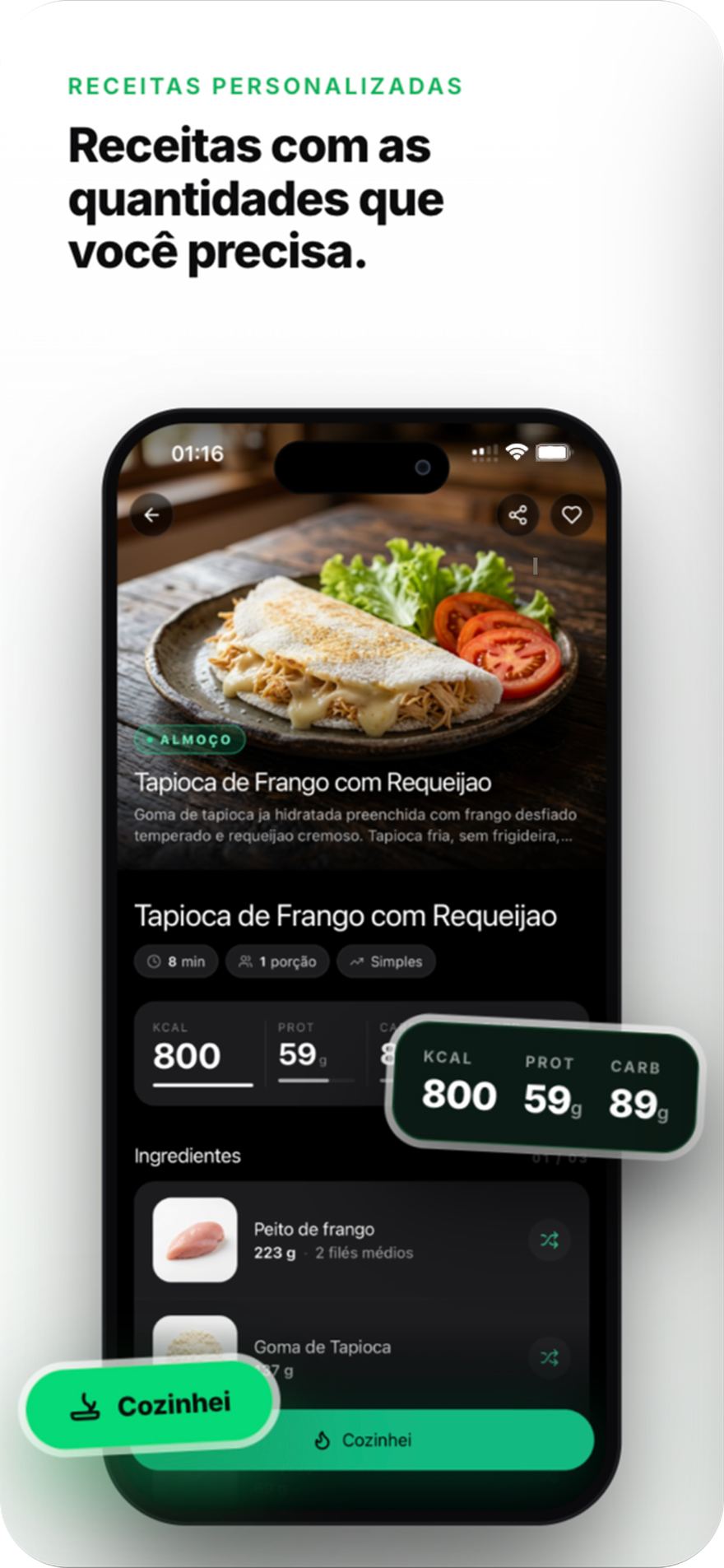 Receitas personalizadas com macros e quantidades exatas