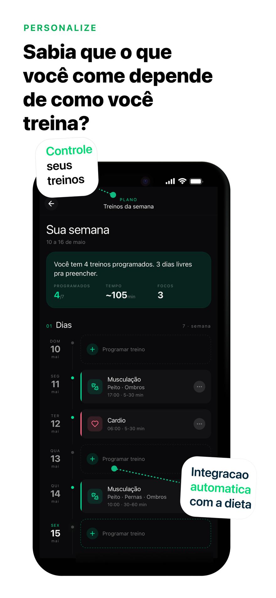 Treinos da semana integrados automaticamente à dieta